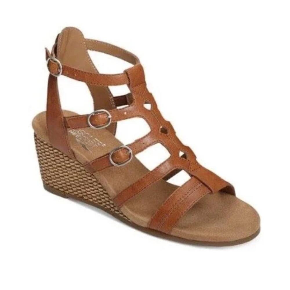AEROSOLES HEEL REST BROWN LEATHER SPARKLE GLADIATOR ESPADRILLES WEDGES SIZE 9